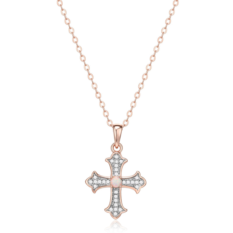 MORGAN & PAIGE 14K Rose Gold Plated Created Opal and Diamond Accent Two Tone Dainty Demi Fine Cross Pendant Necklace, 18"