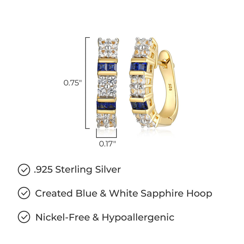 MORGAN & PAIGE 18K Yellow Gold Plated .925 Sterling Silver Square-Cut Created Blue and White Sapphire Hinged 3/4" Hoop Earrings