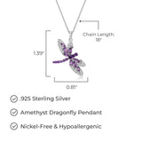 MORGAN & PAIGE .925 Sterling Silver Genuine African and Brazilian Amethyst with White Topaz 1-1/3" Dragonfly Pendant Necklace on 18" Chain