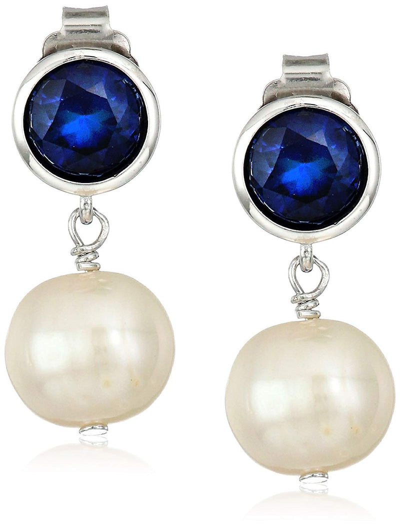 MORGAN & PAIGE 925 Sterling Silver Bezel-Set Gemstone Birthstone and 8mm White Freshwater Cultured Pearl Post Drop Earrings