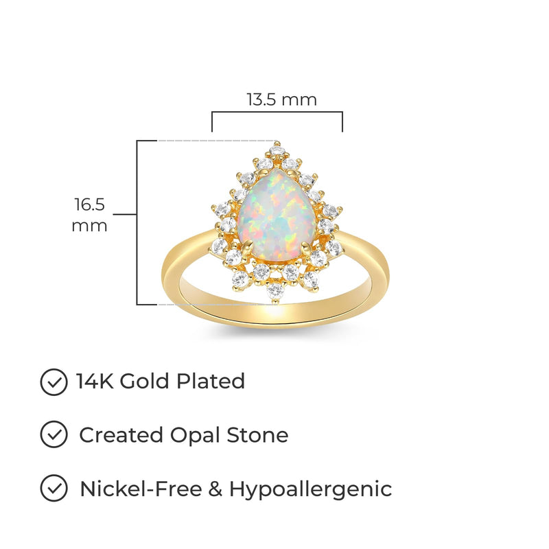 MORGAN & PAIGE 14K Gold-Plated Sterling Silver Opal Ring for Women - Hypoallergenic Jewelry for Her with Scalloped White Sapphire Halo - Size #7