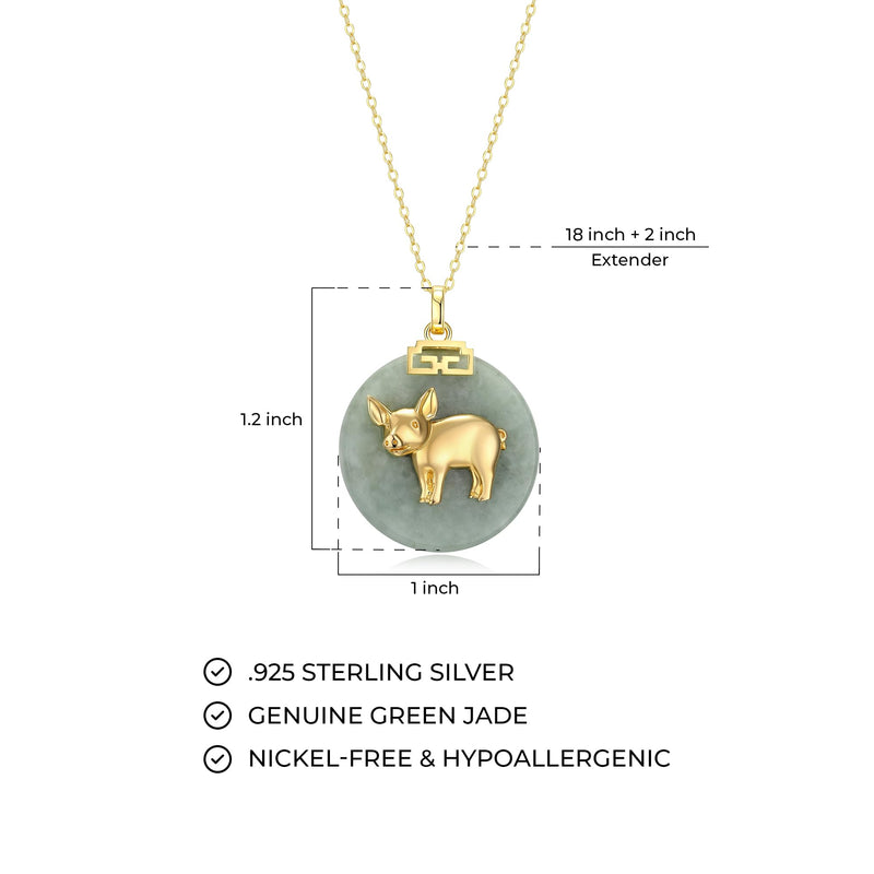 18K Gold-Plated Sterling Silver Chinese Zodiac Sign Pendant Necklace for Women - Hypoallergenic Jade Zodiac Year Pendant with 18-inch Chain - Genuine Green Jade Jewelry