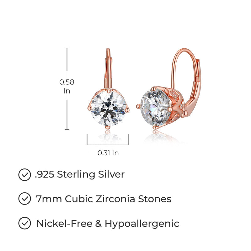 MORGAN & PAIGE 925 Sterling Silver 7mm Cubic Zirconia Classic Solitaire Leverback Dangle Drop Earrings - Yellow Gold Plated, Rose Gold or Rhodium Plated