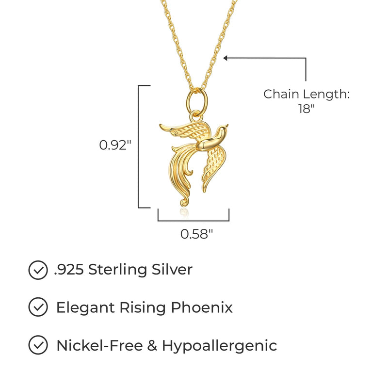 MORGAN & PAIGE 18k Yellow Gold Plated 925 Sterling Silver Openwork Rising Phoenix Pendant Necklace With 18" Cable Chain