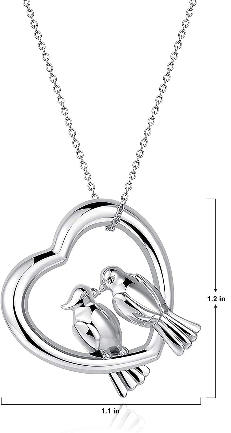 MORGAN & PAIGE 925 Sterling Silver Love Bird Parrots Heart Pendant Necklace, 18"