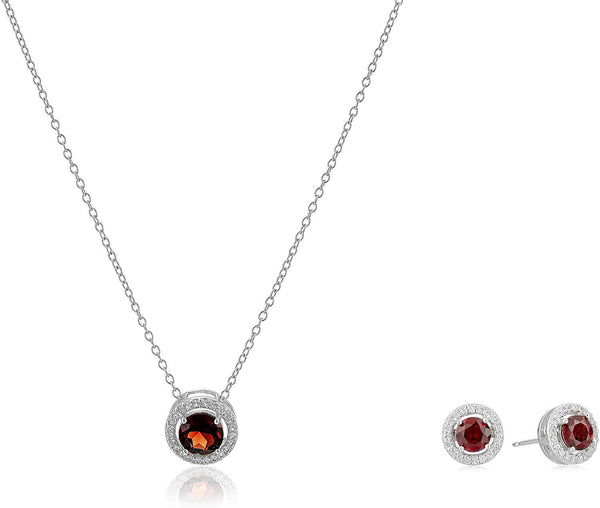 Rhodium Plated Sterling Silver Gemstone and Created White Sapphire Round Halo Earrings and Pendant Necklace Jewelry Set - Choice of Gem Colors