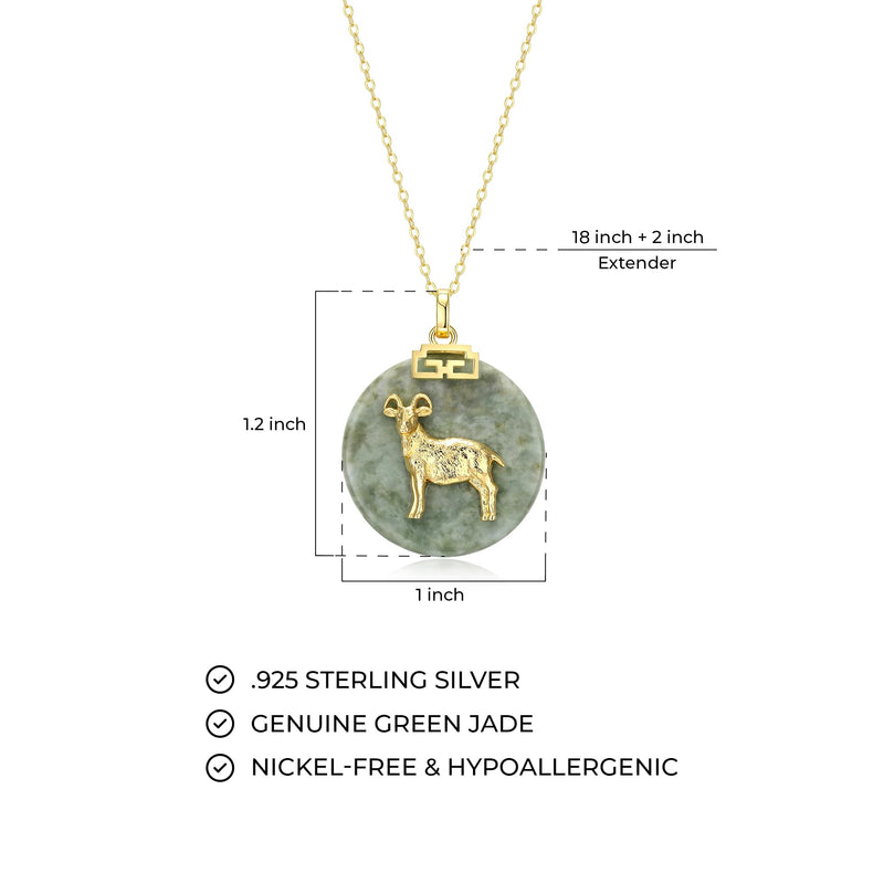 18K Gold-Plated Sterling Silver Chinese Zodiac Sign Pendant Necklace for Women - Hypoallergenic Jade Zodiac Year Pendant with 18-inch Chain - Genuine Green Jade Jewelry