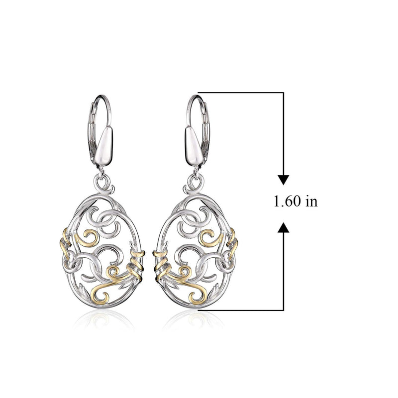 MORGAN & PAIGE 18k Yellow Gold and Rhodium Plated 925 Sterling Silver Two Tone Filigree Oval Drop Earrings