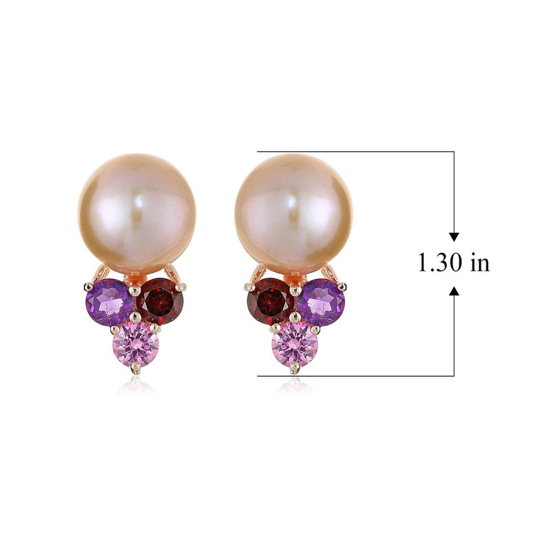 .925 Sterling Silver, 8mm Freshwater Cultured Pearl and Multi Gemstone 1/2" Stud Earrings - Choice of Colors