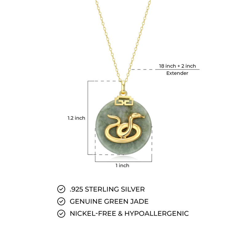 18K Gold-Plated Sterling Silver Chinese Zodiac Sign Pendant Necklace for Women - Hypoallergenic Jade Zodiac Year Pendant with 18-inch Chain - Genuine Green Jade Jewelry