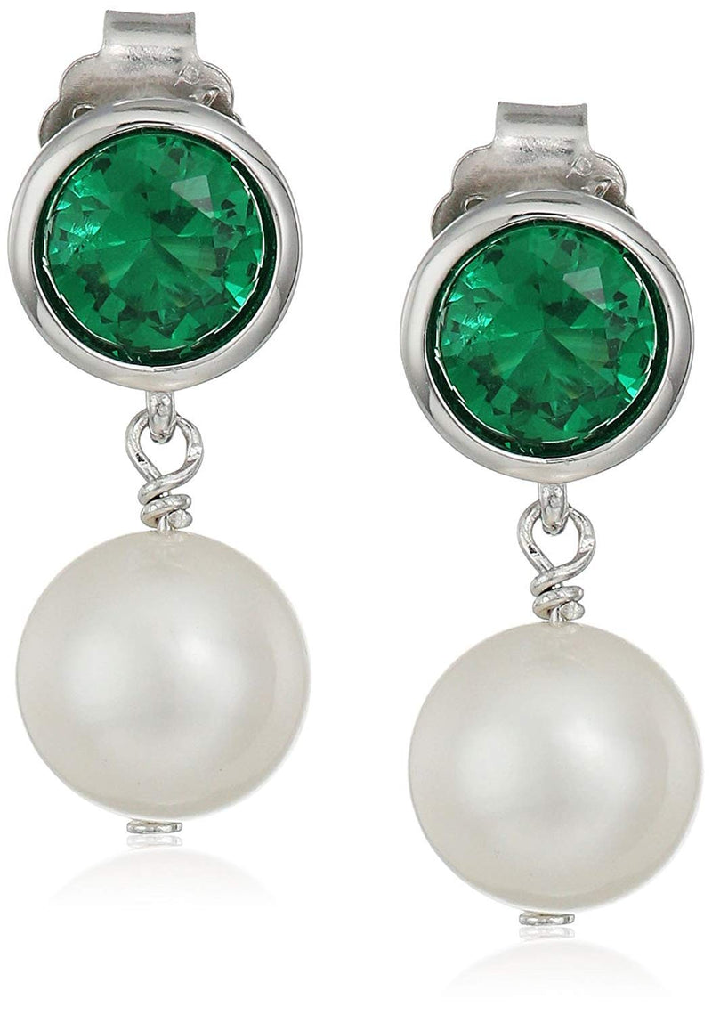 MORGAN & PAIGE 925 Sterling Silver Bezel-Set Gemstone Birthstone and 8mm White Freshwater Cultured Pearl Post Drop Earrings