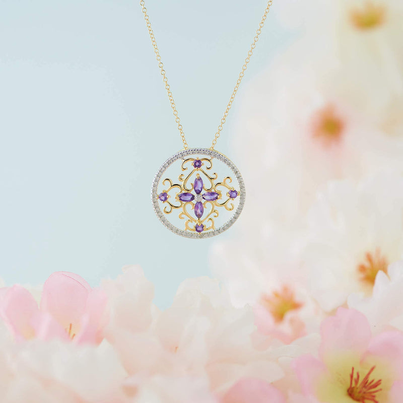 18K Yellow Gold-Plated .925 Sterling Silver Diamond-Accented Gemstone Floral Filigree Cross Round 1" Pendant Necklace on 18" Chain - Choice of Birthstones