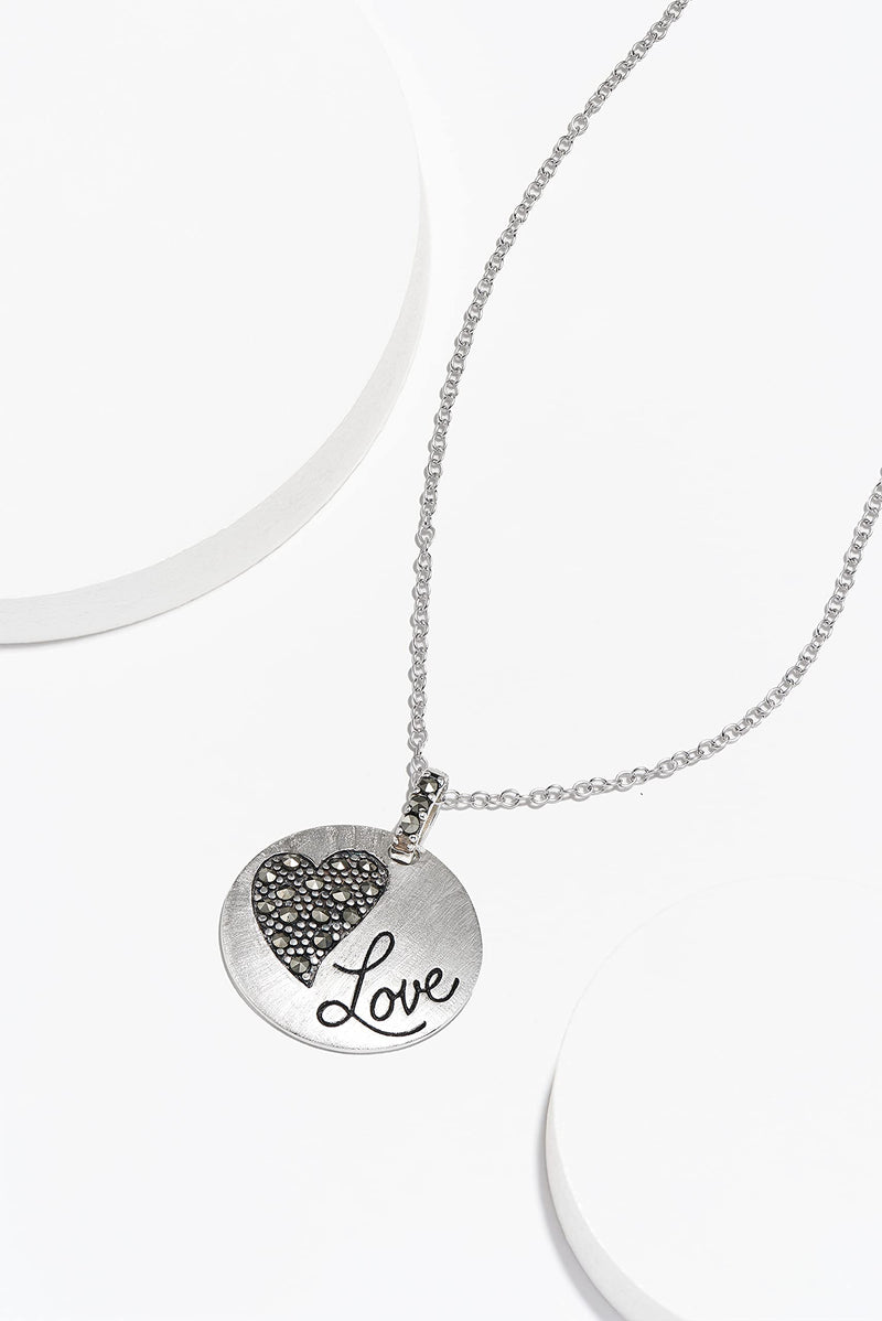 MORGAN & PAIGE Sterling Silver Genuine Marcasite Heart Love Sentiment Disc Pendant Necklace, 18"