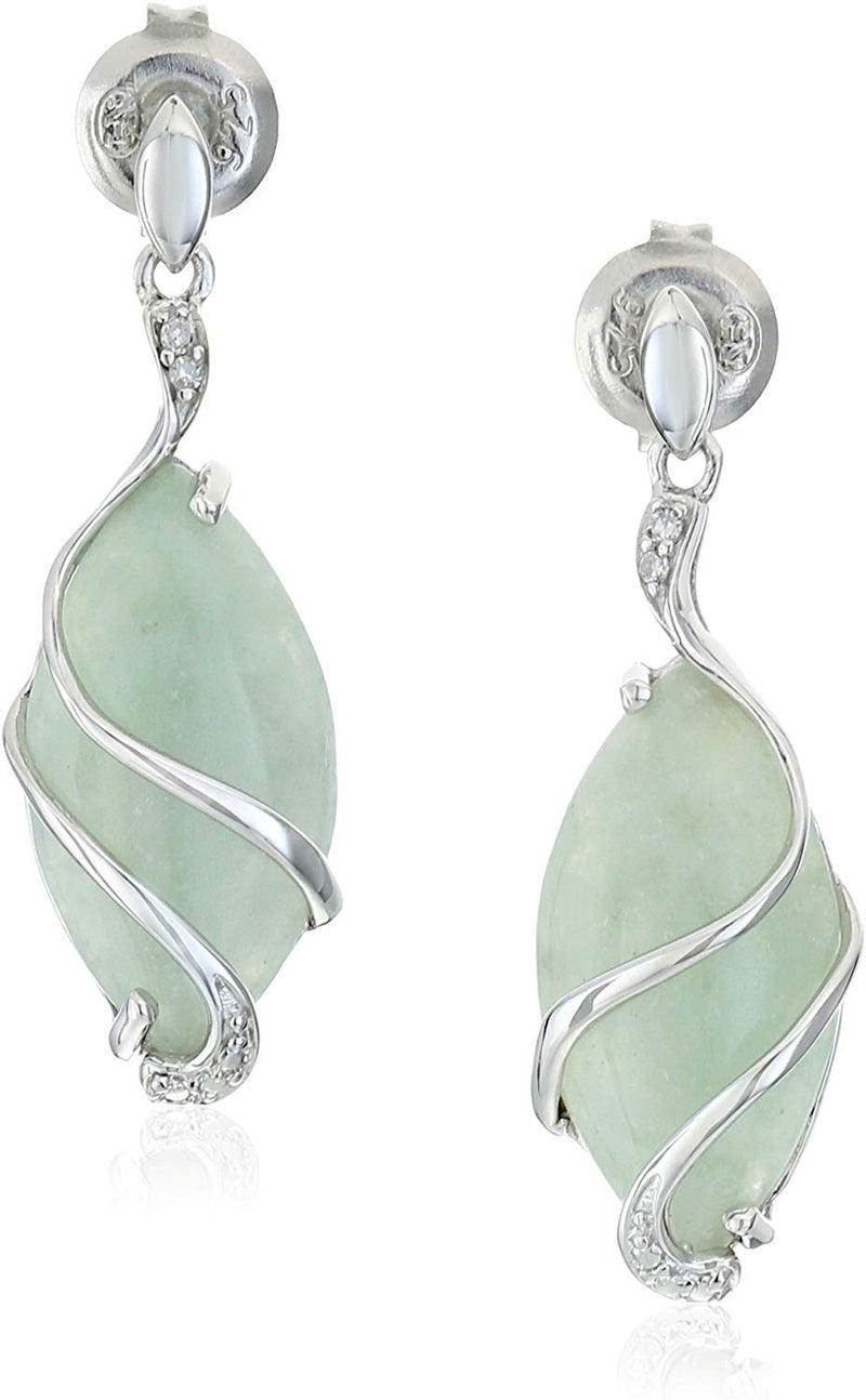 MORGAN & PAIGE .925 Sterling Silver Rhodium Plated Genuine Green Jade Necklace or Jade Earrings for Women - Wire-Wrapped Marquise Cut with Diamond Accents, Hypoallergenic Silver Jewelry Elegant Gifts