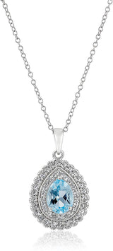 MORGAN & PAIGE 925 Sterling Silver December Birthstone Genuine Sky Blue Topaz and White Topaz Halo or Double Halo Pendant Necklace, 18"