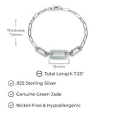 Genuine Green Jade and White Topaz Bracelet – Rhodium-Plated Sterling Silver, Paperclip Chain, 7.25 Inches, Elegant Gift Box Included