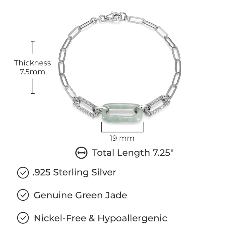 Genuine Green Jade and White Topaz Bracelet – Rhodium-Plated Sterling Silver, Paperclip Chain, 7.25 Inches, Elegant Gift Box Included