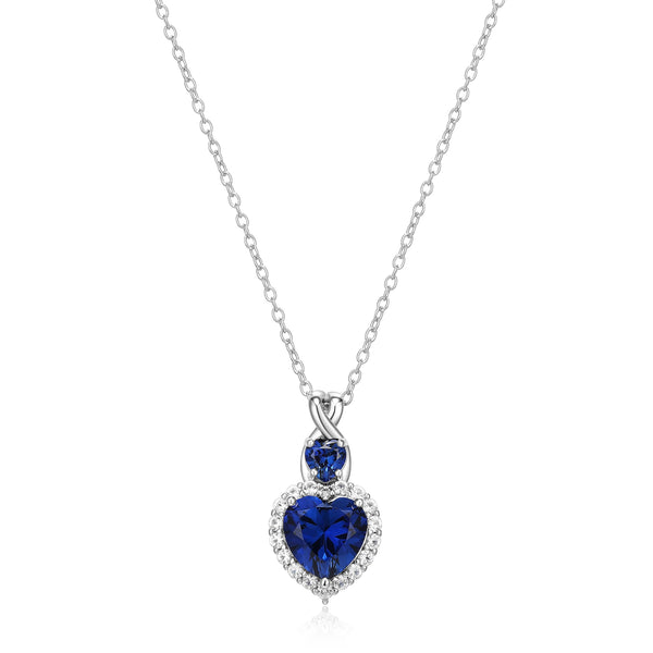 MORGAN & PAIGE .925 Sterling Silver Created Blue and White Sapphire Diamond-Accented 7/8" Double Heart Halo Pendant Necklace on 18" Cable Chain