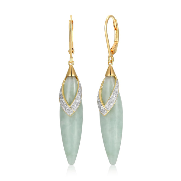 MORGAN & PAIGE 18K Yellow Gold Plated .925 Sterling Silver Genuine Green Jade and 1/20 Cttw Diamond Leaf-Shaped Leverback 2" Dangle Earrings (I-J Color, I2-I3 Clarity)