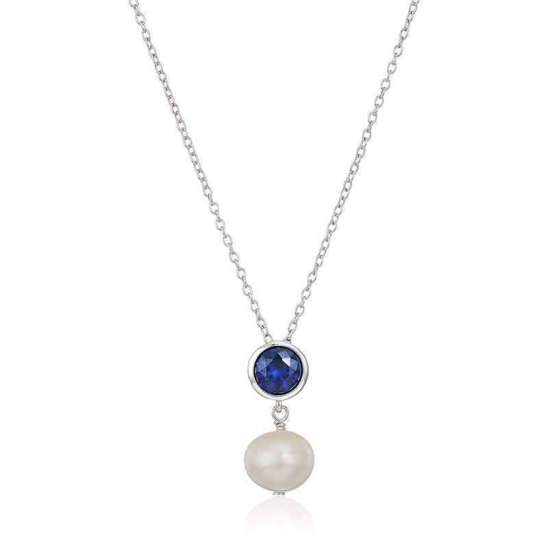 MORGAN & PAIGE .925 Sterling Silver Rhodium Plated Birthstone Necklace - Elegant Freshwater Cultured Pearl Necklace and Gemstone Necklace, Bezel-Set Pearl Drop Necklaces for Women Jewelry 18"