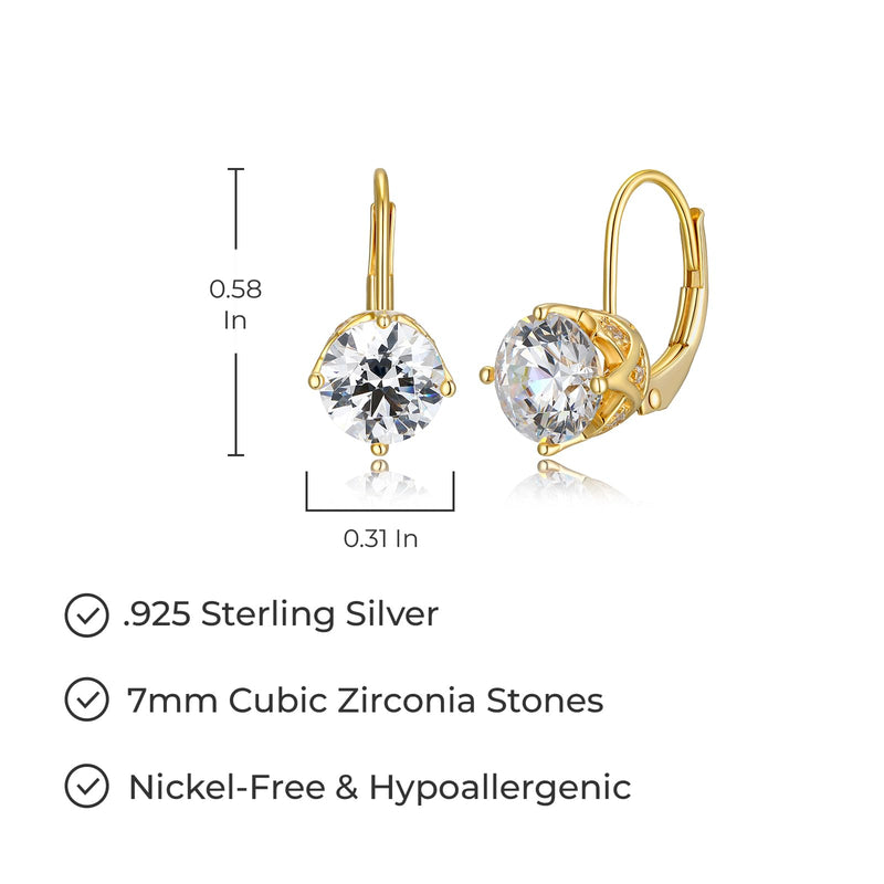 MORGAN & PAIGE 925 Sterling Silver 7mm Cubic Zirconia Classic Solitaire Leverback Dangle Drop Earrings - Yellow Gold Plated, Rose Gold or Rhodium Plated