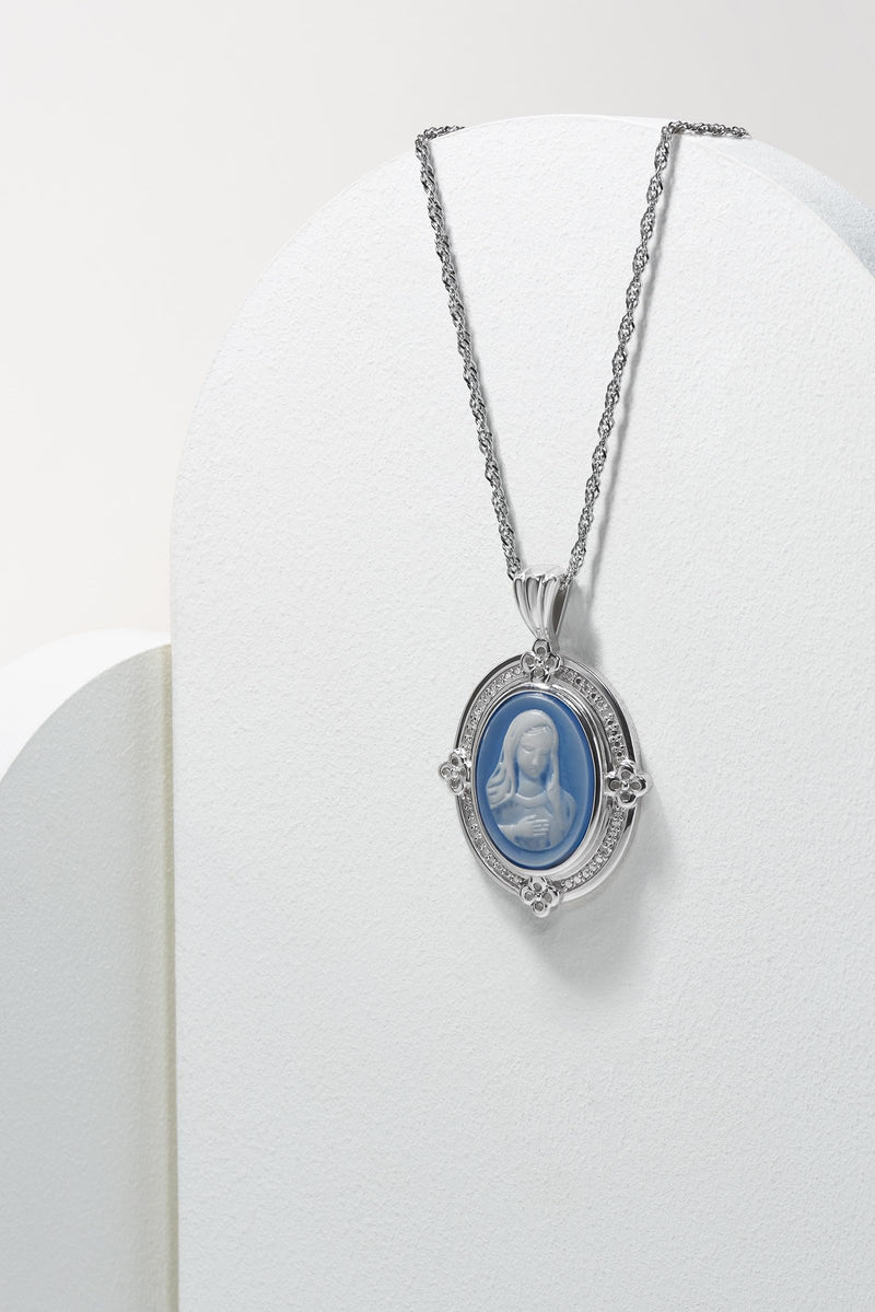 MORGAN & PAIGE .925 Sterling Silver Rhodium Plated Virgin Mary Necklace Genuine Blue Agate & Diamond or Butterfly Necklace Genuine Green Agate - Cameo Sterling Silver Jewelry Gift for Her, 18 inch