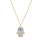 MORGAN & PAIGE 18K Yellow Gold Plated .925 Sterling Silver Crystal Blue and White Hamsa Hand of Fatima Necklace for Women, 18"