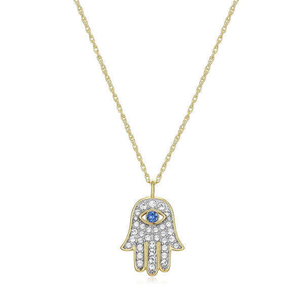 MORGAN & PAIGE 18K Yellow Gold Plated .925 Sterling Silver Crystal Blue and White Hamsa Hand of Fatima Necklace for Women, 18"