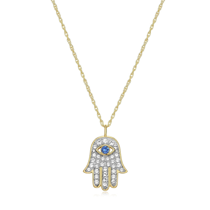 MORGAN & PAIGE 18K Yellow Gold Plated .925 Sterling Silver Crystal Blue and White Hamsa Hand of Fatima Necklace for Women, 18"