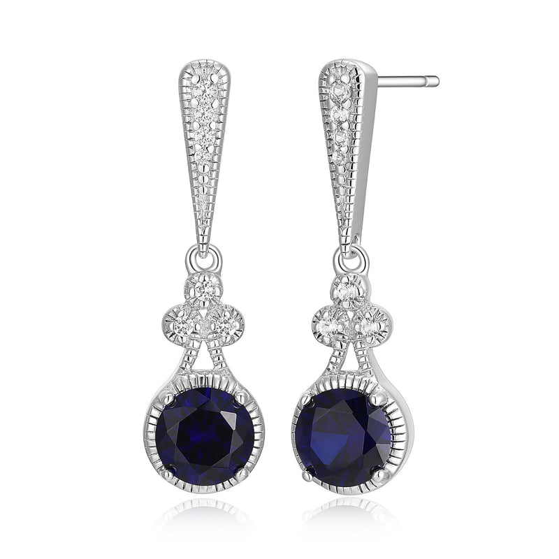 MORGAN & PAIGE .925 Sterling Silver Round Created Blue Sapphire and White Sapphire Accented Art Nouveau Style Vintage-Inspired 1" Drop Earrings