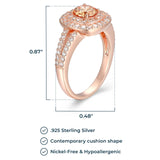 14K Rose Gold-Plated .925 Sterling Silver Champagne & White Cubic Zirconia Cushion-Shaped Double-Halo Pendant Necklace and Ring Size 7