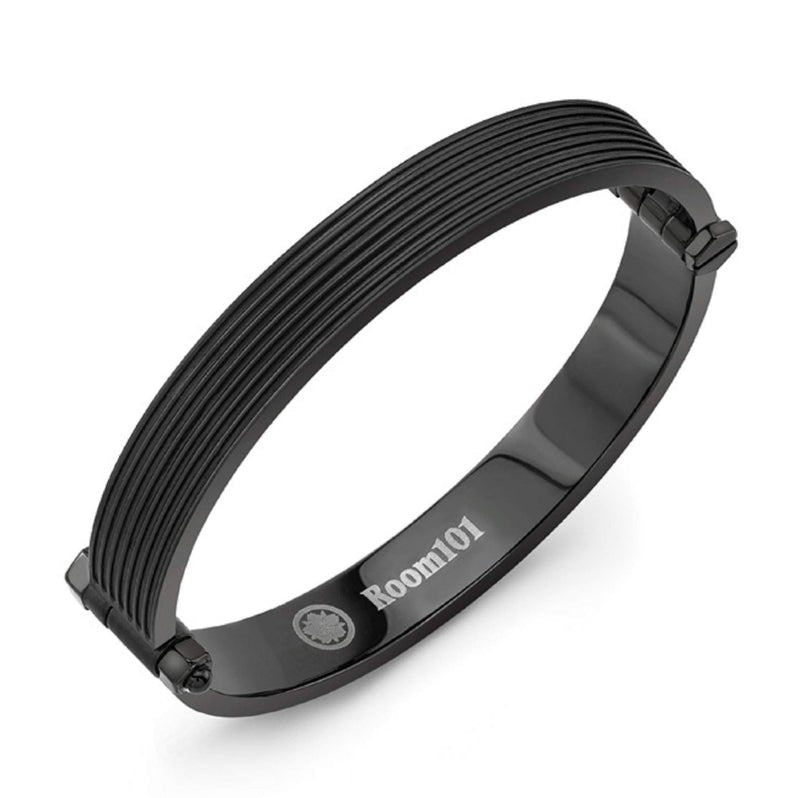 Room101 Stainless Steel 10mm Mens Bangle Bracelet, 8" - Black Color Flat Striped