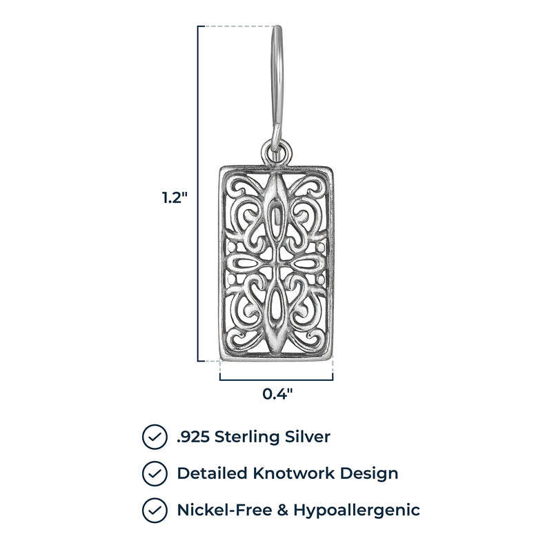 MORGAN & PAIGE .925 Sterling Silver 18k Gold Plated or Oxidized Celtic Knot Silver Dangle Earrings for Women - Sterling Silver Earrings Rectangle Drop Pendant, Silver Jewelry Gift for Her