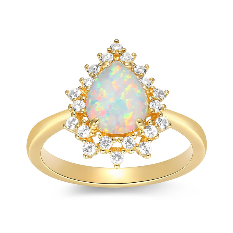 MORGAN & PAIGE 14K Gold-Plated Sterling Silver Opal Ring for Women - Hypoallergenic Jewelry for Her with Scalloped White Sapphire Halo - Size #7