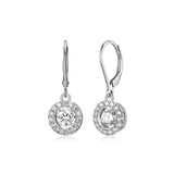 MORGAN & PAIGE Round Halo Drop Earrings for Women - 925 Sterling Silver, Premium Rhodium Plated with Dancing Solitaire Cubic Zirconia - Lightweight, Small Dangle Earring Design