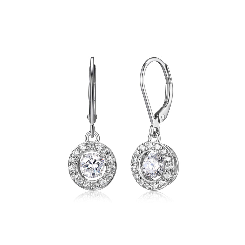 MORGAN & PAIGE Round Halo Drop Earrings for Women - 925 Sterling Silver, Premium Rhodium Plated with Dancing Solitaire Cubic Zirconia - Lightweight, Small Dangle Earring Design