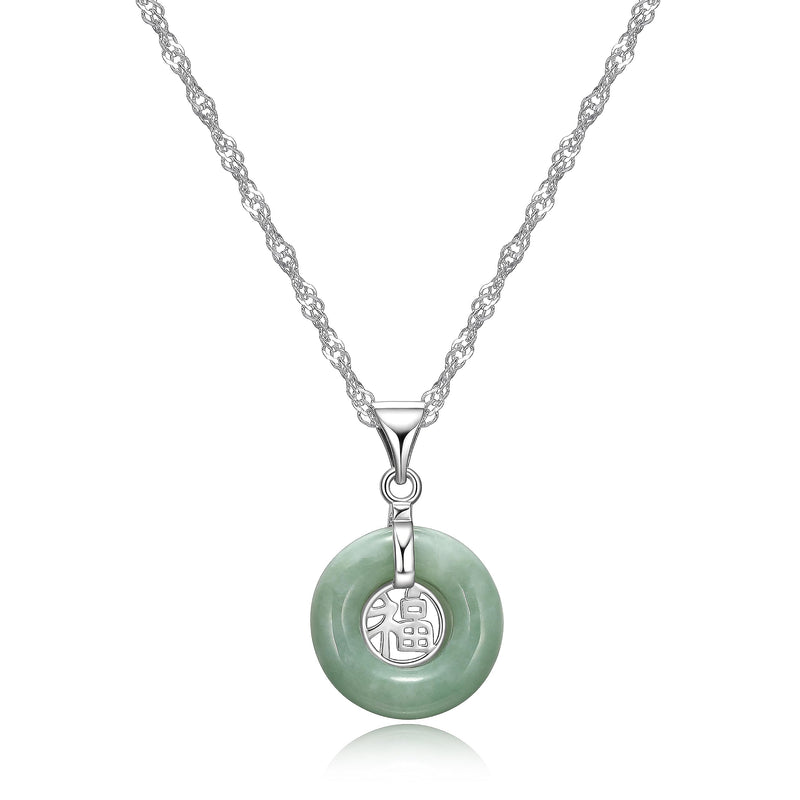 MORGAN & PAIGE .925 Sterling Silver Rhodium Plated Genuine Jade Necklaces for Women - Green Jade Good Fortune Fu Symbol Dainty and Lightweight Sterling Silver Necklace for Women, 18 inch