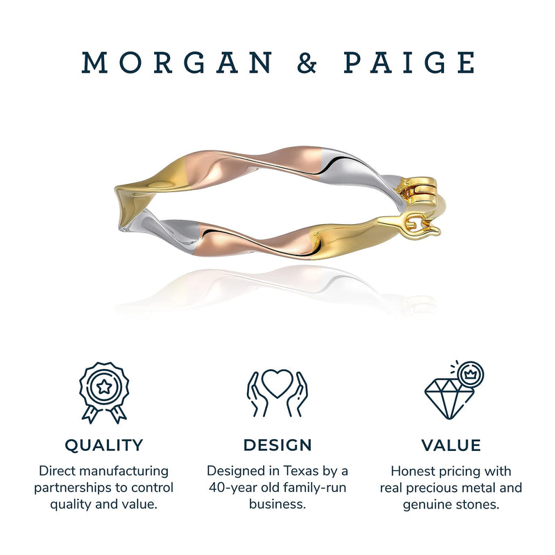 MORGAN & PAIGE .925 Sterling Silver Rhodium, 14K Rose Gold & 18K Yellow Gold Plated Three-Tone Twisted Silver Hoop Earrings for Women - Lightweight Gold Earrings for Women with Secure Latch Back Clasp