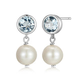 MORGAN & PAIGE 925 Sterling Silver Bezel-Set Gemstone Birthstone and 8mm White Freshwater Cultured Pearl Post Drop Earrings