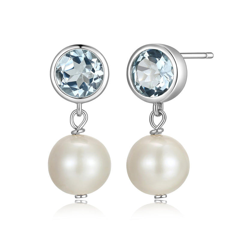 MORGAN & PAIGE 925 Sterling Silver Bezel-Set Gemstone Birthstone and 8mm White Freshwater Cultured Pearl Post Drop Earrings