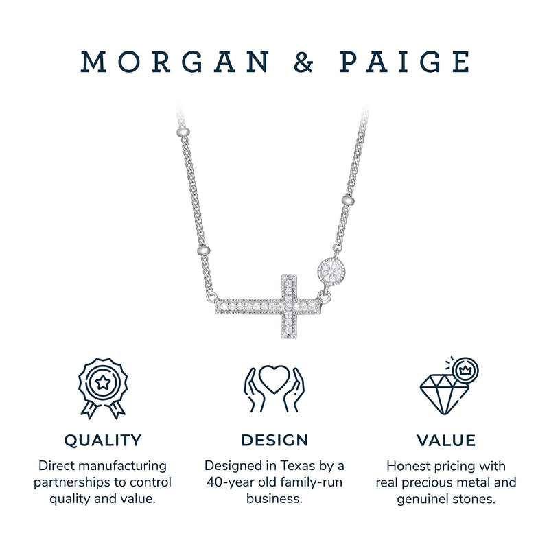 MORGAN & PAIGE .925 Sterling Silver Rhodium Plated Cubic Zirconia Sideways Cross Sterling Silver Necklace for Women - Faith Dainty Jewelry Choker Cross Necklace for Women, Adjustable Chain 16 inch