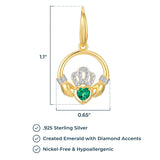 18K Yellow Gold Plated .925 Sterling Silver Created Gemstone Diamond-Accent Round Claddagh Heart 1" Drop Earrings (I-J / I3) - Choice of Gem Colors