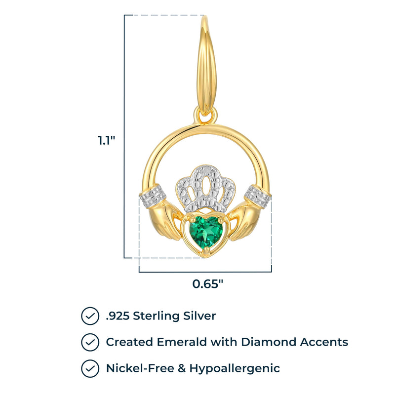 18K Yellow Gold Plated .925 Sterling Silver Created Gemstone Diamond-Accent Round Claddagh Heart 1" Drop Earrings (I-J / I3) - Choice of Gem Colors