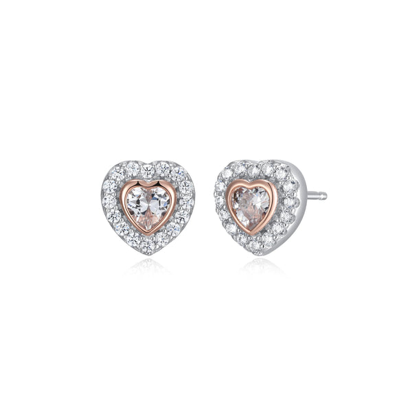 MORGAN & PAIGE 14K Rose Gold Plated .925 Sterling Silver Cubic Zirconia Two-Tone Halo Heart 1/3" Stud Earrings