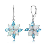 MORGAN & PAIGE Rhodium Plated Sterling Silver, Created Opal and Genuine Swiss Blue Topaz Flower 3-prong setting Leverback Dangle Earrings or 18" Pendant Necklace