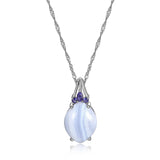 MORGAN & PAIGE .925 Sterling Silver Rhodium Plated Genuine Blue Lace Agate and Iolite 1 inch Oval Pendant Necklaces for Women, Hypoallergenic Sterling Silver Necklace for Women, Box Chain 18 inch