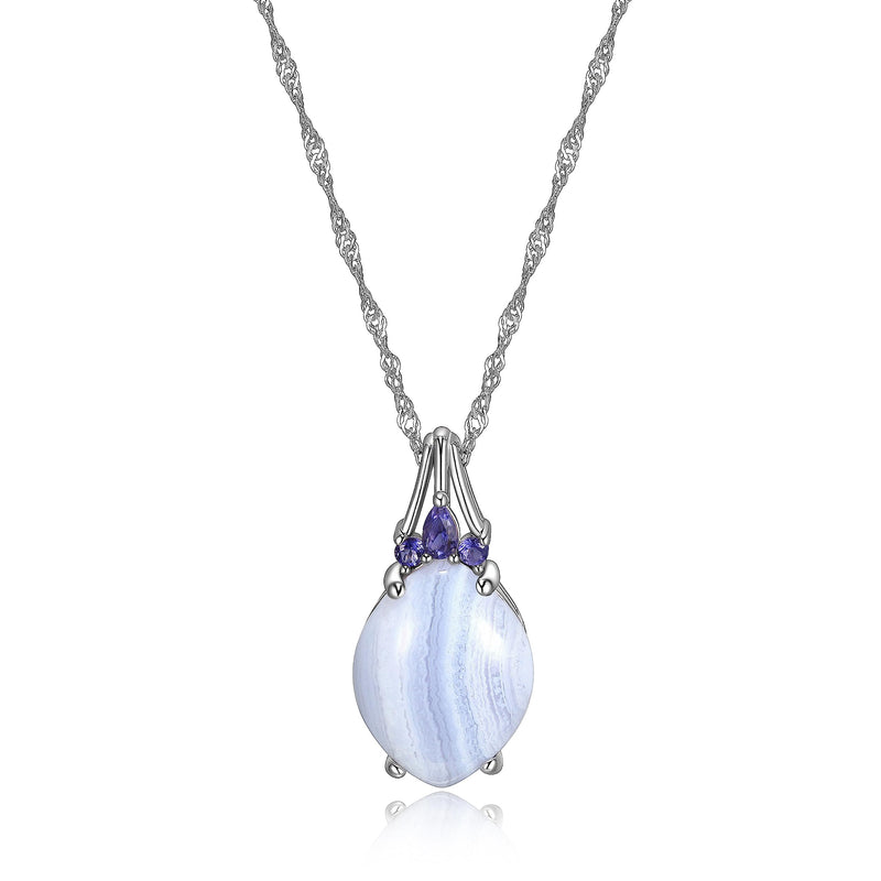 MORGAN & PAIGE .925 Sterling Silver Rhodium Plated Genuine Blue Lace Agate and Iolite 1 inch Oval Pendant Necklaces for Women, Hypoallergenic Sterling Silver Necklace for Women, Box Chain 18 inch