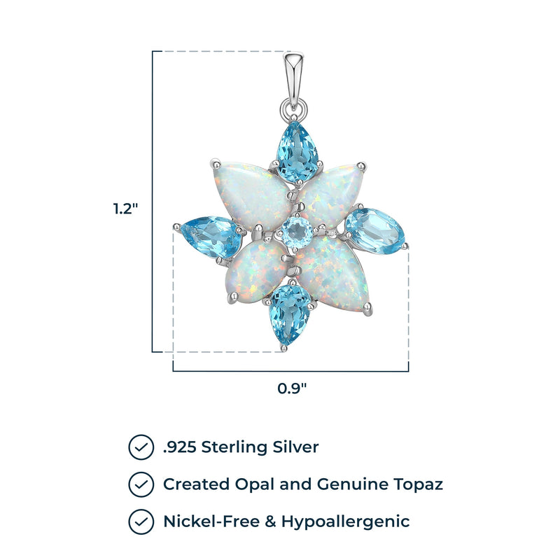 MORGAN & PAIGE Rhodium Plated Sterling Silver, Created Opal and Genuine Swiss Blue Topaz Flower 3-prong setting Leverback Dangle Earrings or 18" Pendant Necklace