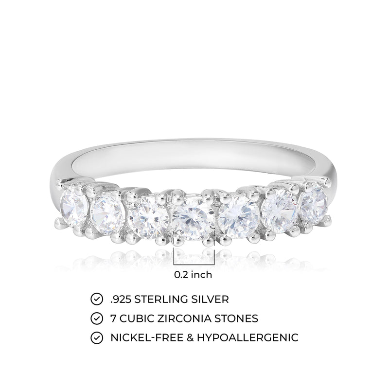 MORGAN & PAIGE .925 Sterling Silver Wedding Bands for Women, Cubic Zirconia Ring Stackable Round 7 Stone Prong Setting - Platinum, Yellow Gold or Rose Gold Plated Wedding Rings for Women Size 6-9