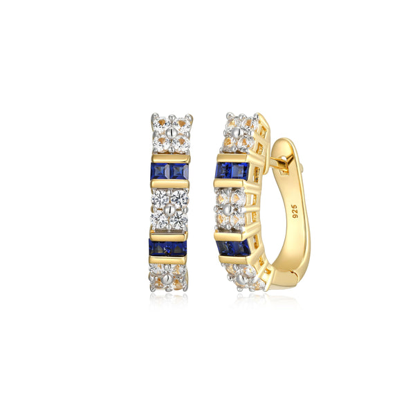 MORGAN & PAIGE 18K Yellow Gold Plated .925 Sterling Silver Square-Cut Created Blue and White Sapphire Hinged 3/4" Hoop Earrings